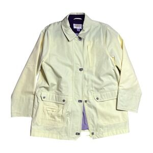 Talbots Yellow Rain Jacket Women Large Petite Navy Stripe Lined Coat